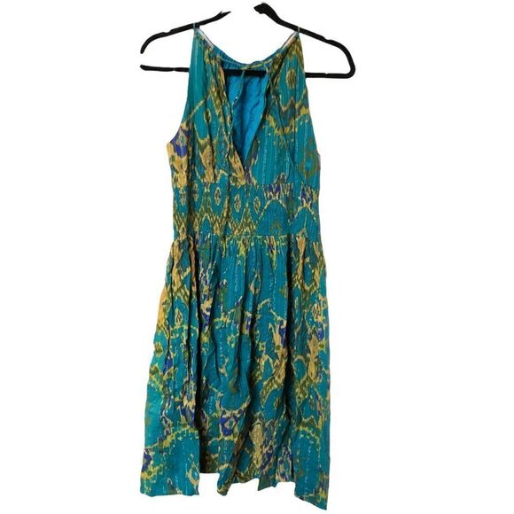 Maggie London Midi Dress Size 8 Turquoise and gold string sleeveless, strappy - Picture 5 of 5
